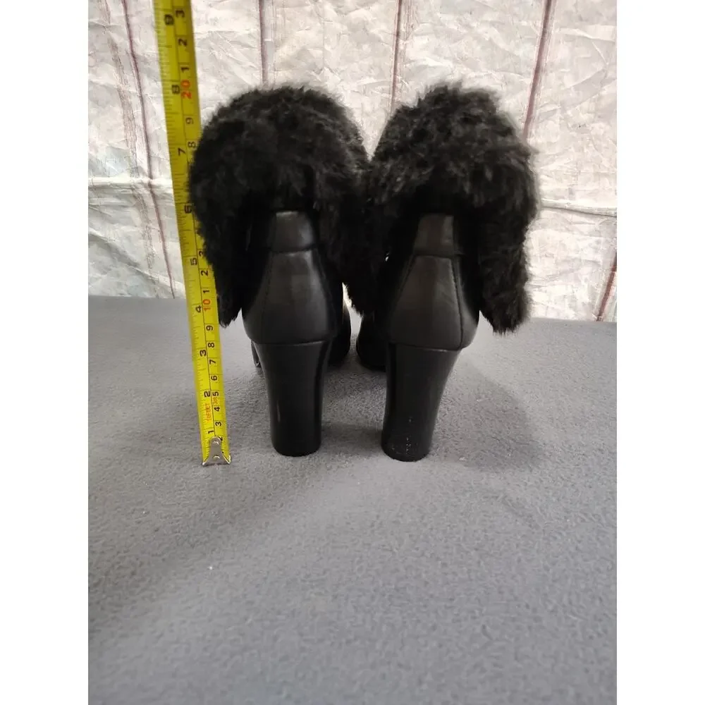 Ladies Size 7M ST JOHN'S BAY Black Short Booties Leather Faux Fur Fold Over Cuff